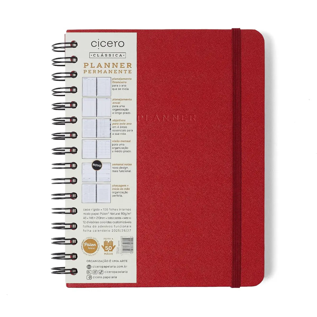 Planner Permanente Wire-O Clássica Semanal Notas A5 Vermelho Quente, Cicero - 1