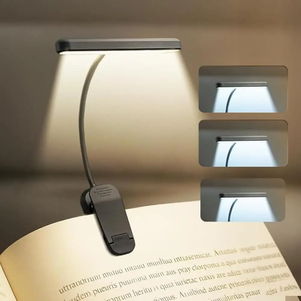 Luminária de Leitura com Clipe, Ideal para Livros - LED Recarregável, 3 Modos de Iluminação, Flexível, Portátil - Recarregável USB - PREMIUM