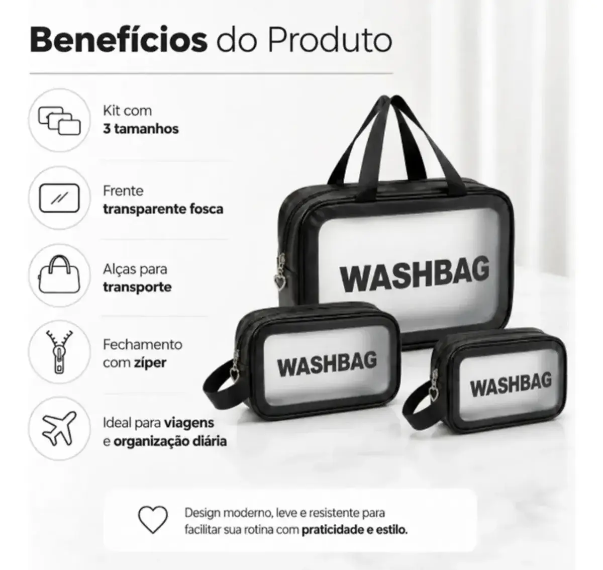 Kit Necessáires Feminina Maquiagem Cosméticos Viagem Praia Camping Cor Preto Desenho Do Tecido Lisa Liso thumbnail 2