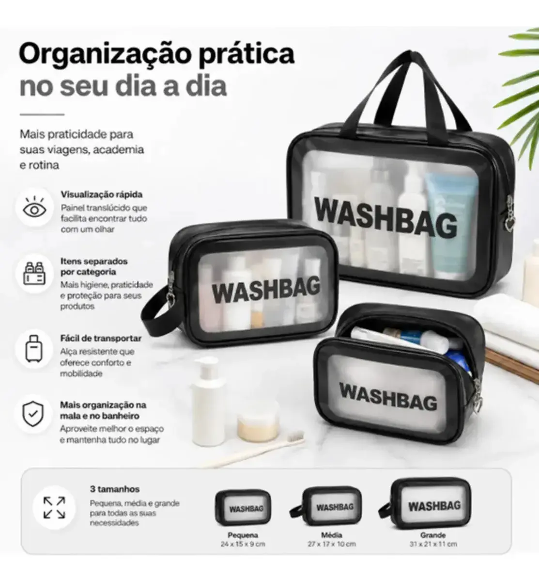 Kit Necessáires Feminina Maquiagem Cosméticos Viagem Praia Camping Cor Preto Desenho Do Tecido Lisa Liso thumbnail 3