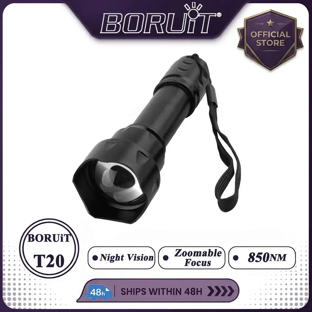 Boruit t20 infravermelho ir 850nm visão noturna led lanterna tática zoom ipx6 à prova dwaterproof água tocha uso 18650 bateria lanterna de caça