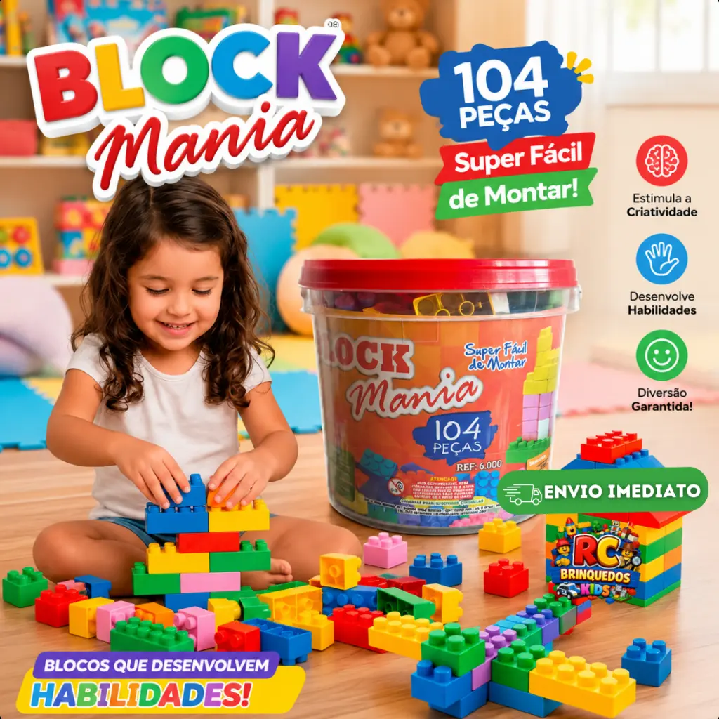 Balde Blocos de Montar 104 Peças Brinquedo Infantil Educativo Desenvolve Coordenação Motora Presente Dia Das Crianças
