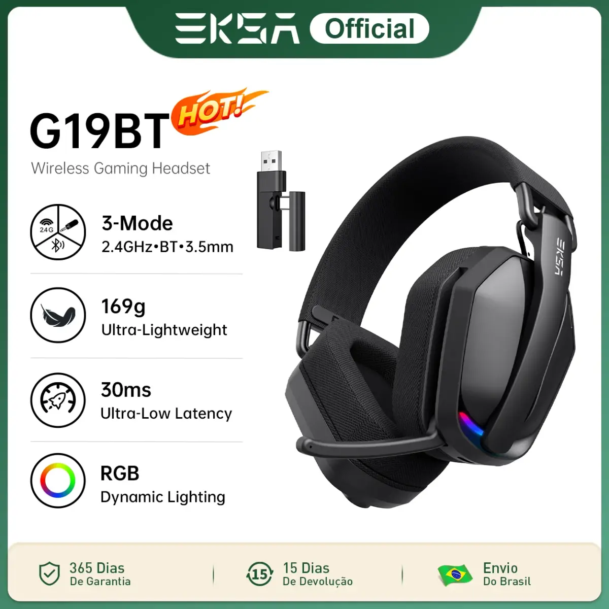 Fones de Ouvido Sem Fio EKSA G19BT 2.4GHz Bluetooth 5.4 com Conector de 3.5mm, Latência de 30ms, 40mm, 35H de Tempo de Reprodução para PC, PS5, Xbox, Dobráveis
