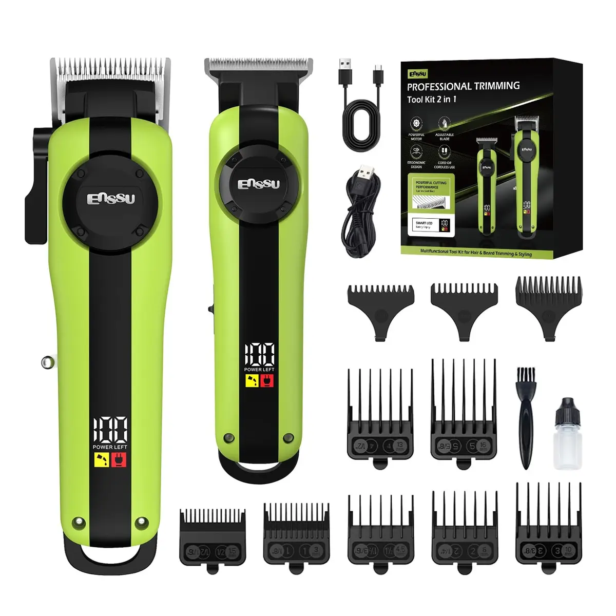 ENSSU Máquina de Cortar Cabelo Profissional 2 em 1, Cortador de Cabelo e Máquina de Acabamento Sem Fio, Display LED, Lâmina Ajustável, Kit com 10 Pentes Guia - 1