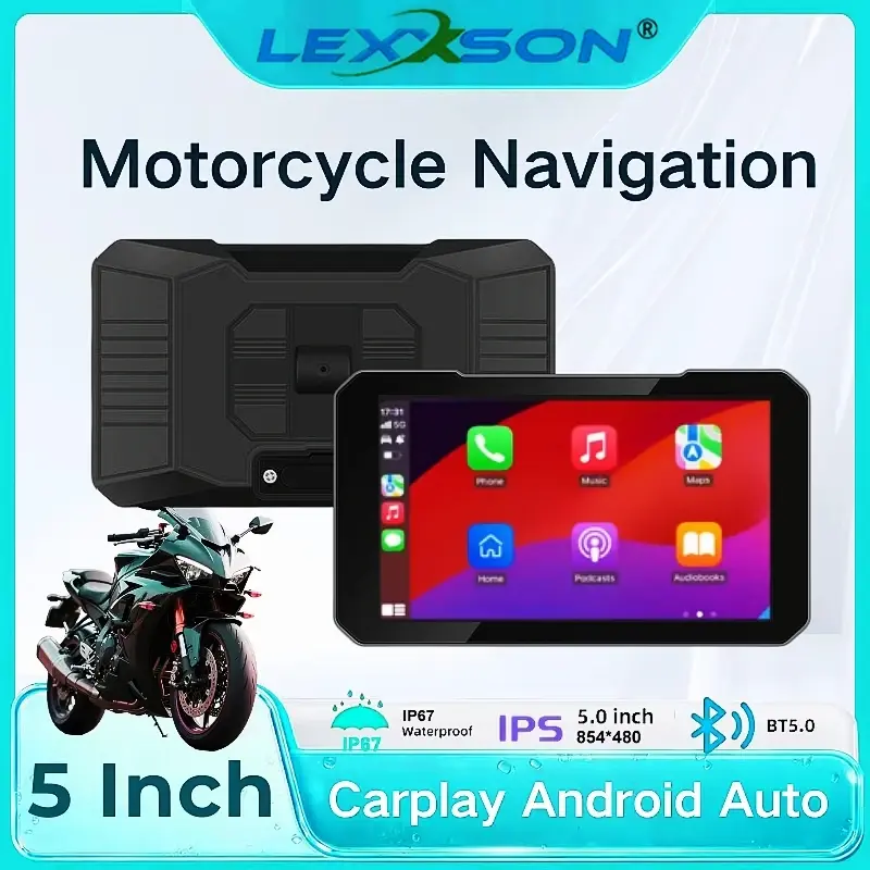 Navegação GPS Portátil para Motocicleta de 5 Polegadas com Tela Touchscreen, Carplay Sem Fio, Android Auto, IP67 à Prova d'Água e Reprodutor Multimídia