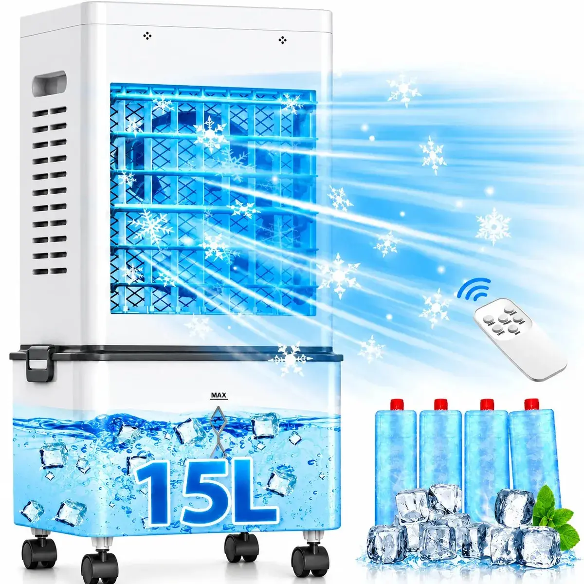 15L Climatizador de Ar Portátil 4 em 1 Umidificador Evaporativo Ventilador Frio 6 Velocidades 2 Modos Controle Remoto Timer 24H Painel Touch LED com 4Caixas Gelo Rodízios 360° Reservatório Silencioso