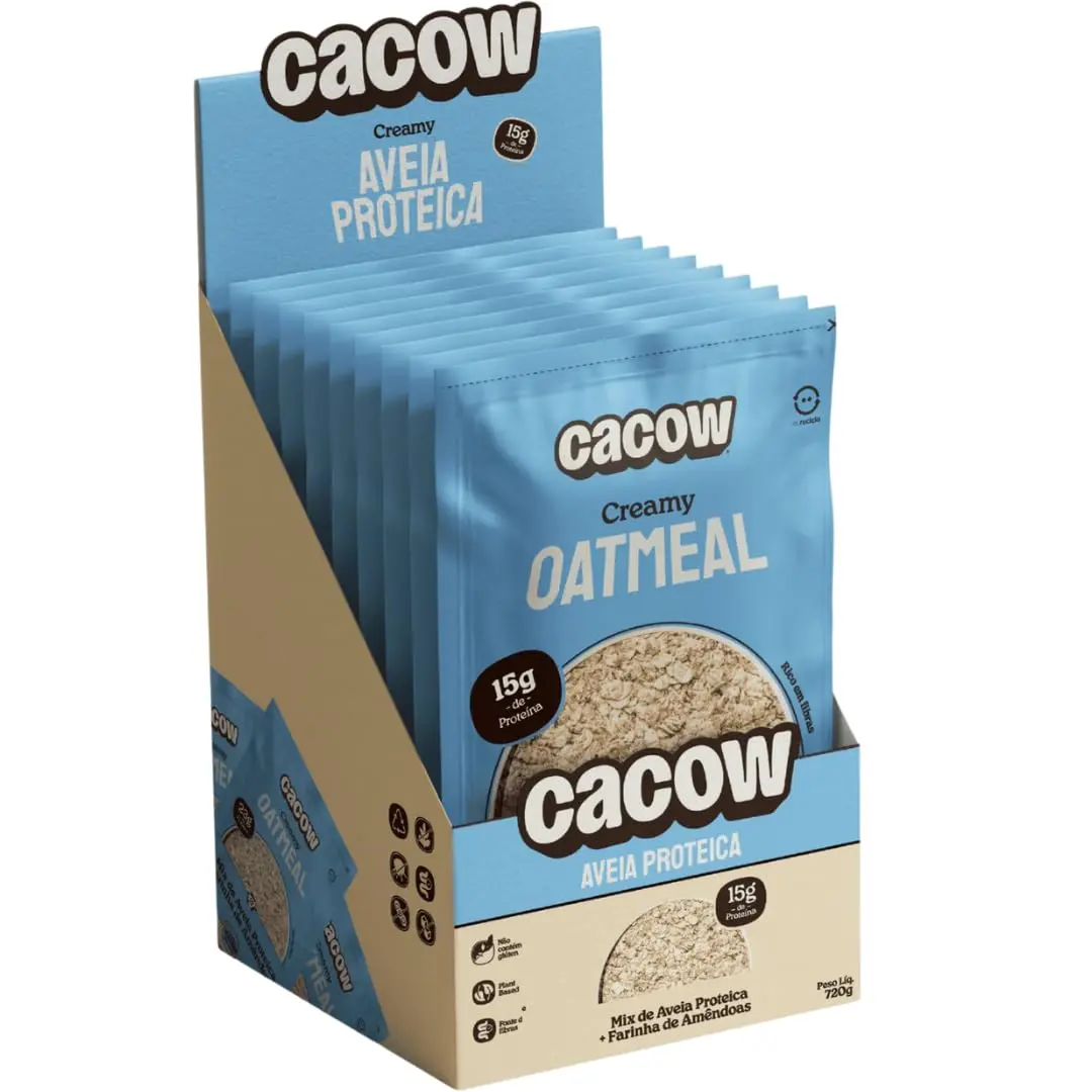 Aveia Proteica em Sachês Cacow, 60g, Pack com 12 Unidades | Com farinha de amêndoas e sabor cremoso, solução prática para quem tem rotina agitada