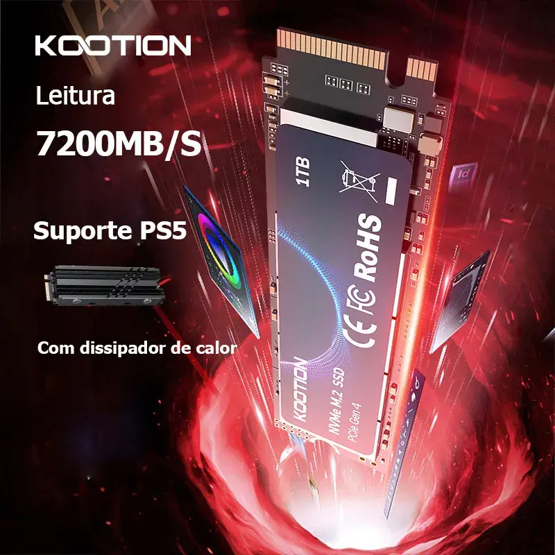 KOOTION M2 NVMe SSD 1TB Gen4 7200 MB/s PCIe4.0x4 M.2 NVMe SSD Drive com dissipador de calor Unidade de estado sólido interna para PS5 Laptop PC