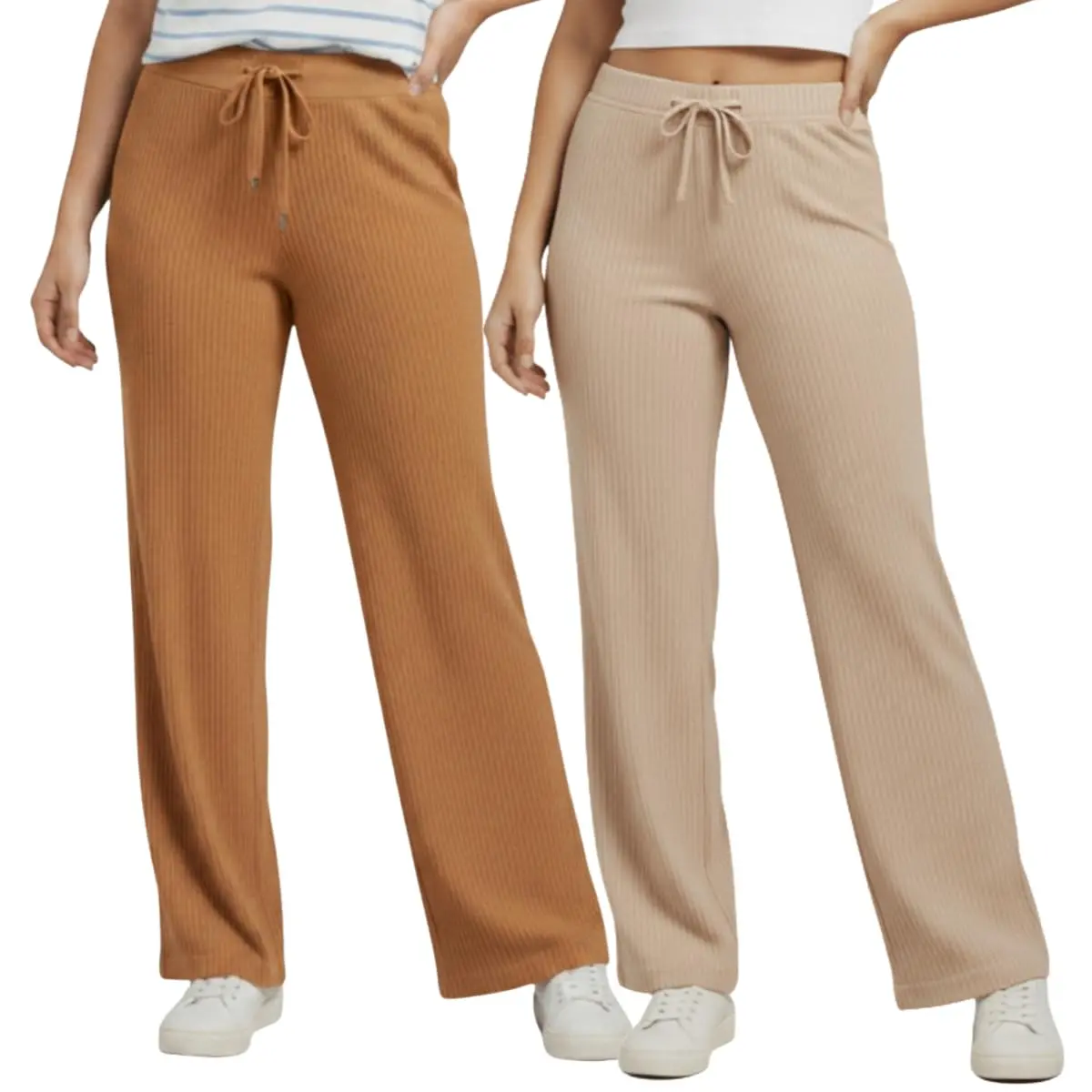 Kit 2 Calças Pantalona Canelada Feminina Wide Leg Folgadinha Com Bolso E Laço - 1