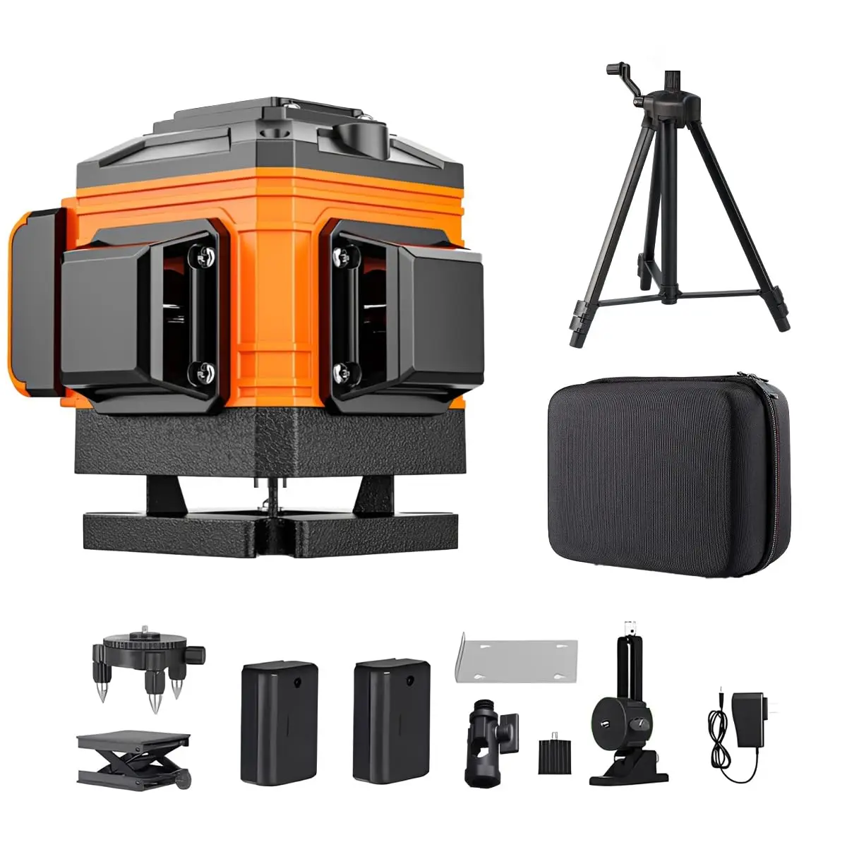 Nível a Laser 12 Linhas Verde Autonivelante 360°, Kit Completo com Tripé e Baterias para Construção e Reformas (Laranja)