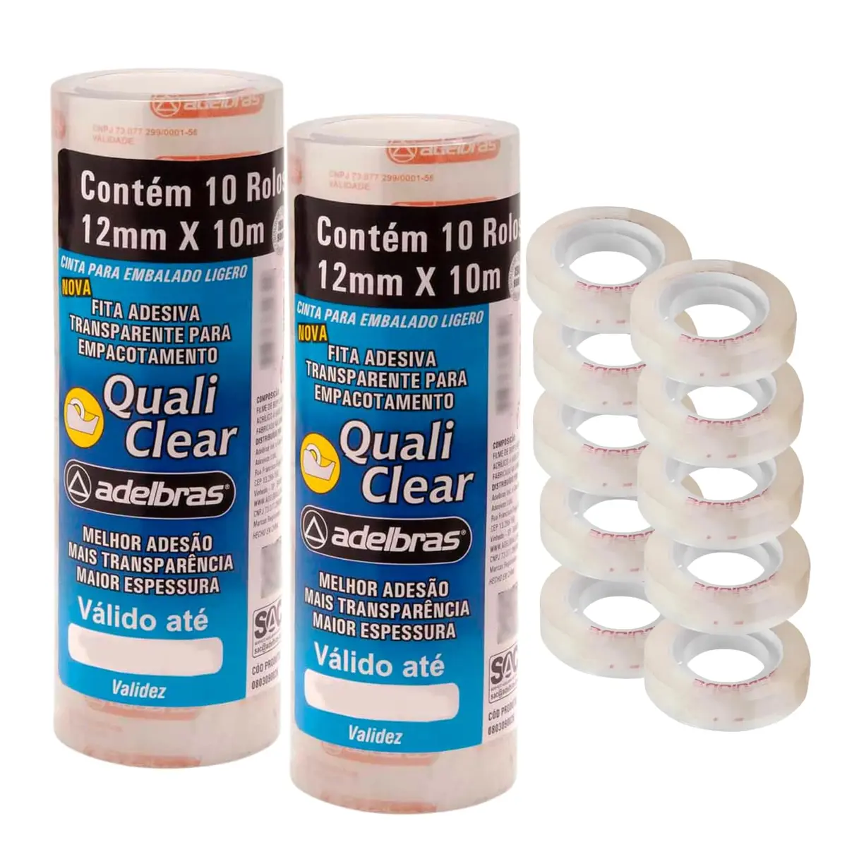 2 x 10 Rolos Fita 12mm x 10m Adelbras Quali Clear Fita Adesiva Transparente para Embalagem, 200 Metros Total