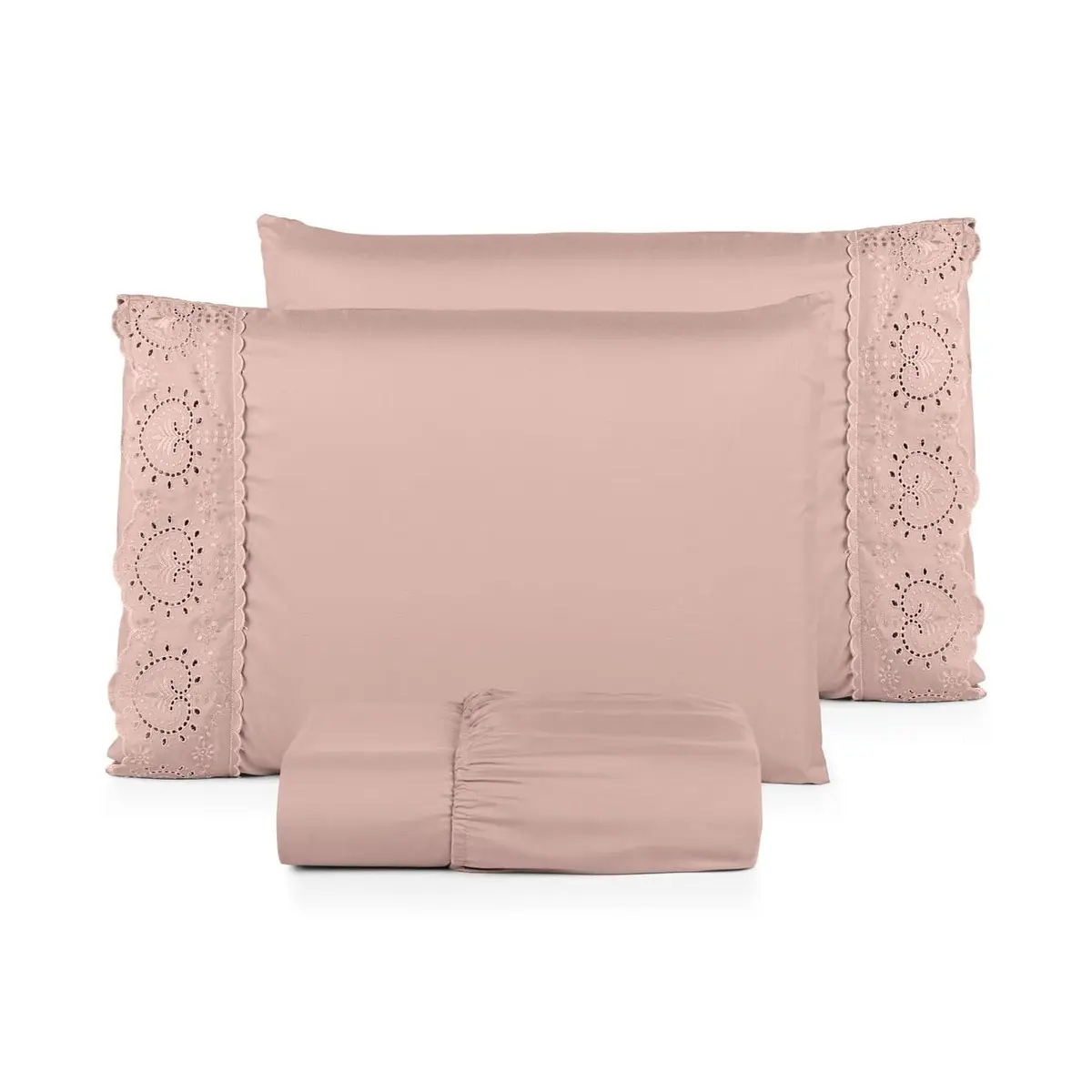 Jogo de Lençol Cama Roupa de Cama Percal 400 Fios Lese Bordado Inglês Premium Extra Macio Charme (Rosê, King 03 Peças) - 1