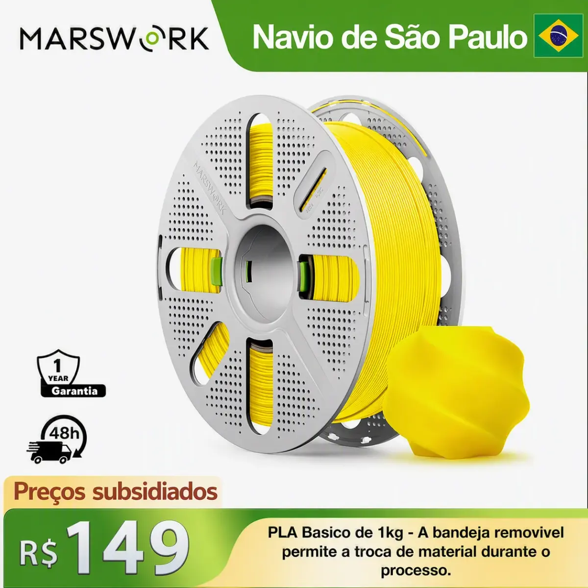 Filamento PLA Básico Pré-Seco MarsWork com Carretel Reutilizável de Troca Rápida 1kg 1.75mm para Impressora 3D Bambu Lab