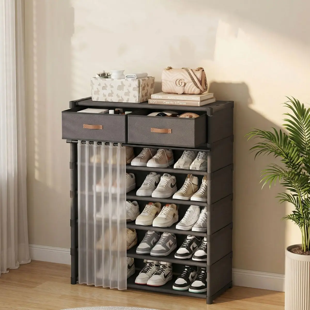 Sapateira Vertical com 6 Prateleiras, Cortina e Gavetas, Organizador Alto para Sapatos, Design Compacto, para Entrada, Corredor e Quarto