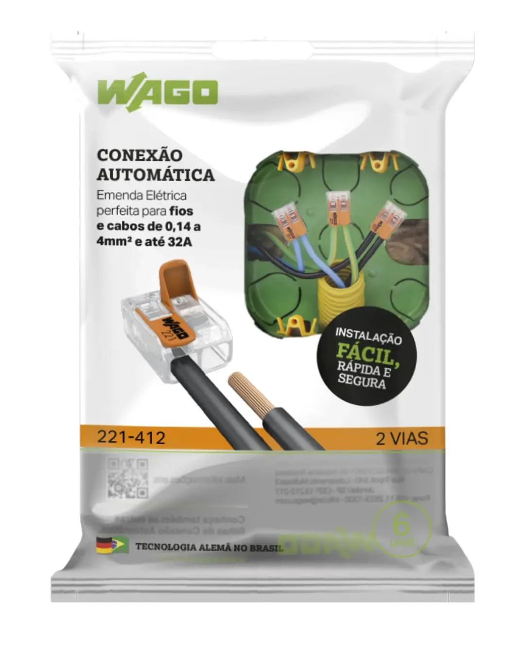 WAGO 221-412 — Conector de Emenda 2 Vias até 4 mm² — Flowpack com 6 Unidades - 1
