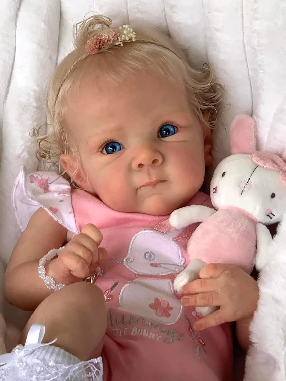 Bebê Reborn Boneca Silicone Menina Realista Pintada Olhos Azuis 48cm (Cabelo Loiro)