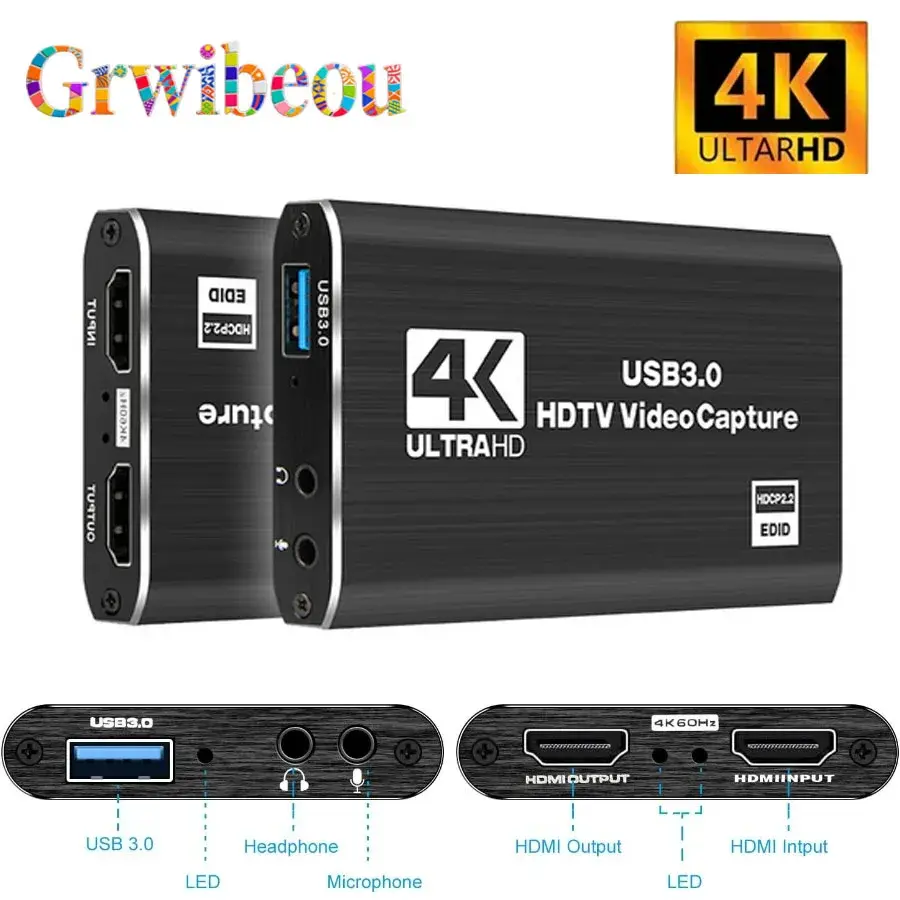 Placa de captura de vídeo 4k usb 3.0, compatível com hdmi, 1080p, hd, gravador de vídeo, pc, ps4, obs, gravação de jogos, microfone de áudio - 1