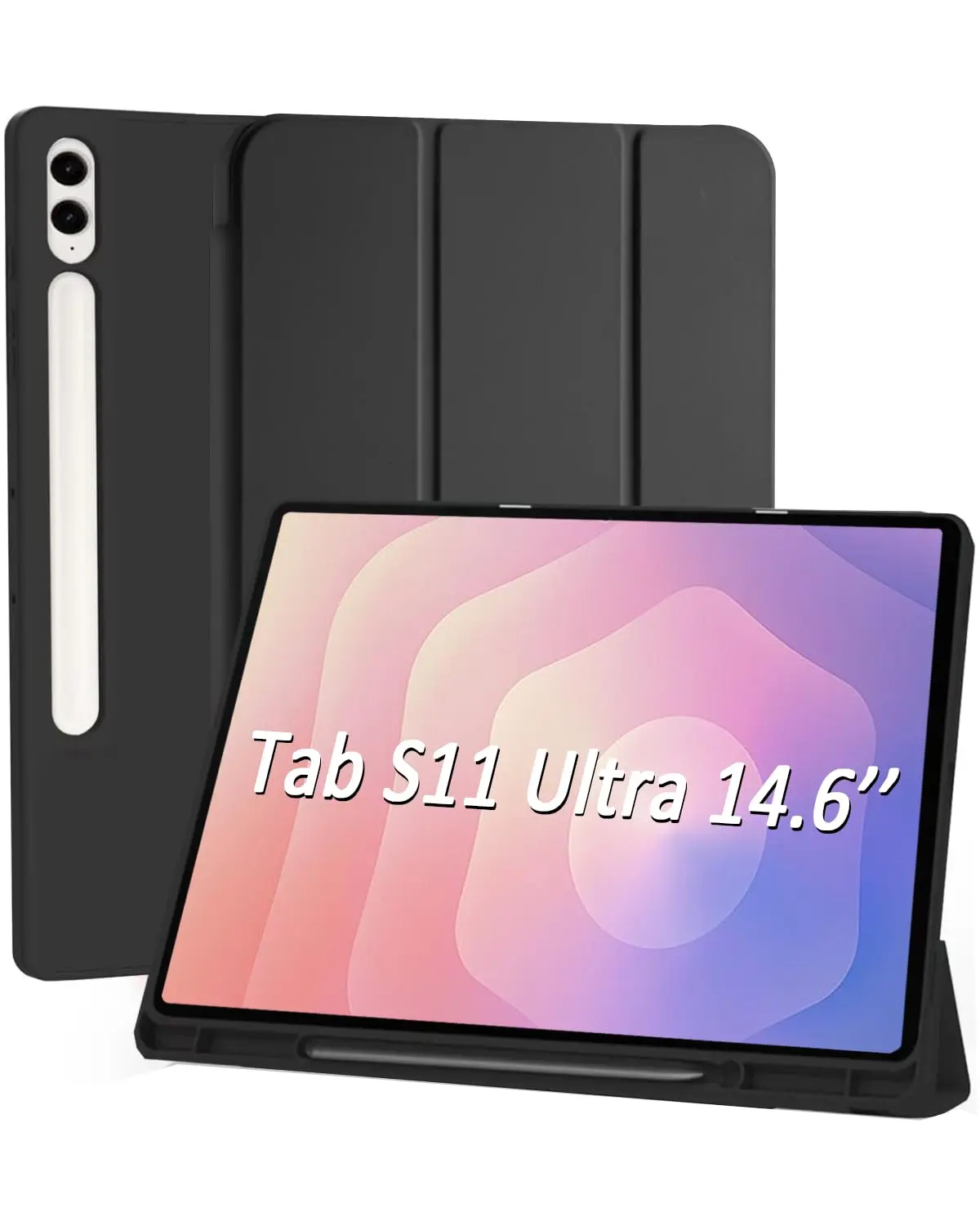 Capa Tablet para Samsung Galaxy Tab S11 Ultra 14.6 Polegada Case com Compartimento para Caneta Stylus Três Dobras Capinha Traseira em TPU Macio Função de Ativação/Suspensão Automática - Preto - 1