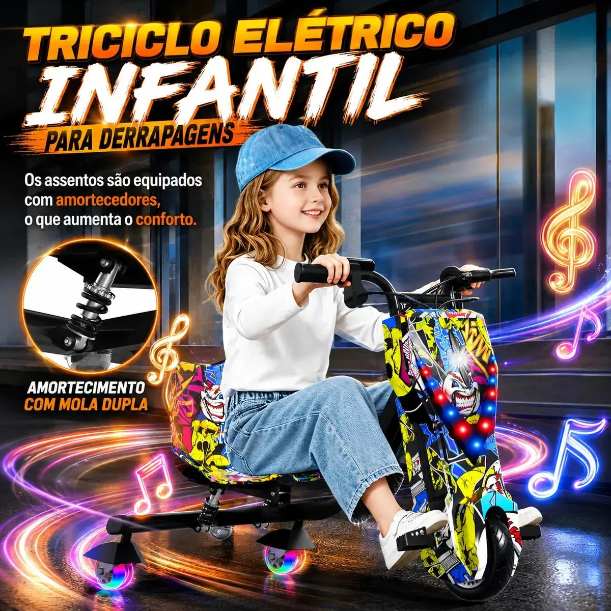 Patinete Elétrico Triciclo Drift Infantil 350W 36V Bluetooth LED 3 Velocidades Motor Brushless Luzes RGB Freio Manual Capacete Kit Proteção Bateria Lítio Ajustável Até 100kg Graffiti thumbnail 2