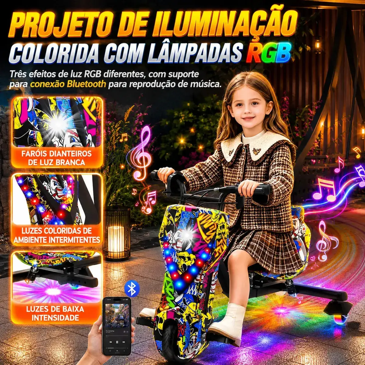 Patinete Elétrico Triciclo Drift Infantil 350W 36V Bluetooth LED 3 Velocidades Motor Brushless Luzes RGB Freio Manual Capacete Kit Proteção Bateria Lítio Ajustável Até 100kg Graffiti thumbnail 3