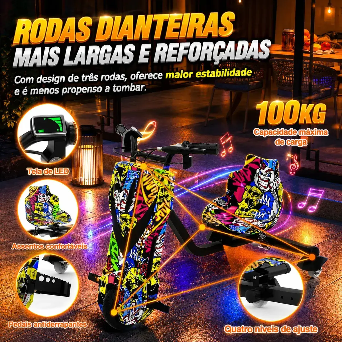 Patinete Elétrico Triciclo Drift Infantil 350W 36V Bluetooth LED 3 Velocidades Motor Brushless Luzes RGB Freio Manual Capacete Kit Proteção Bateria Lítio Ajustável Até 100kg Graffiti thumbnail 4