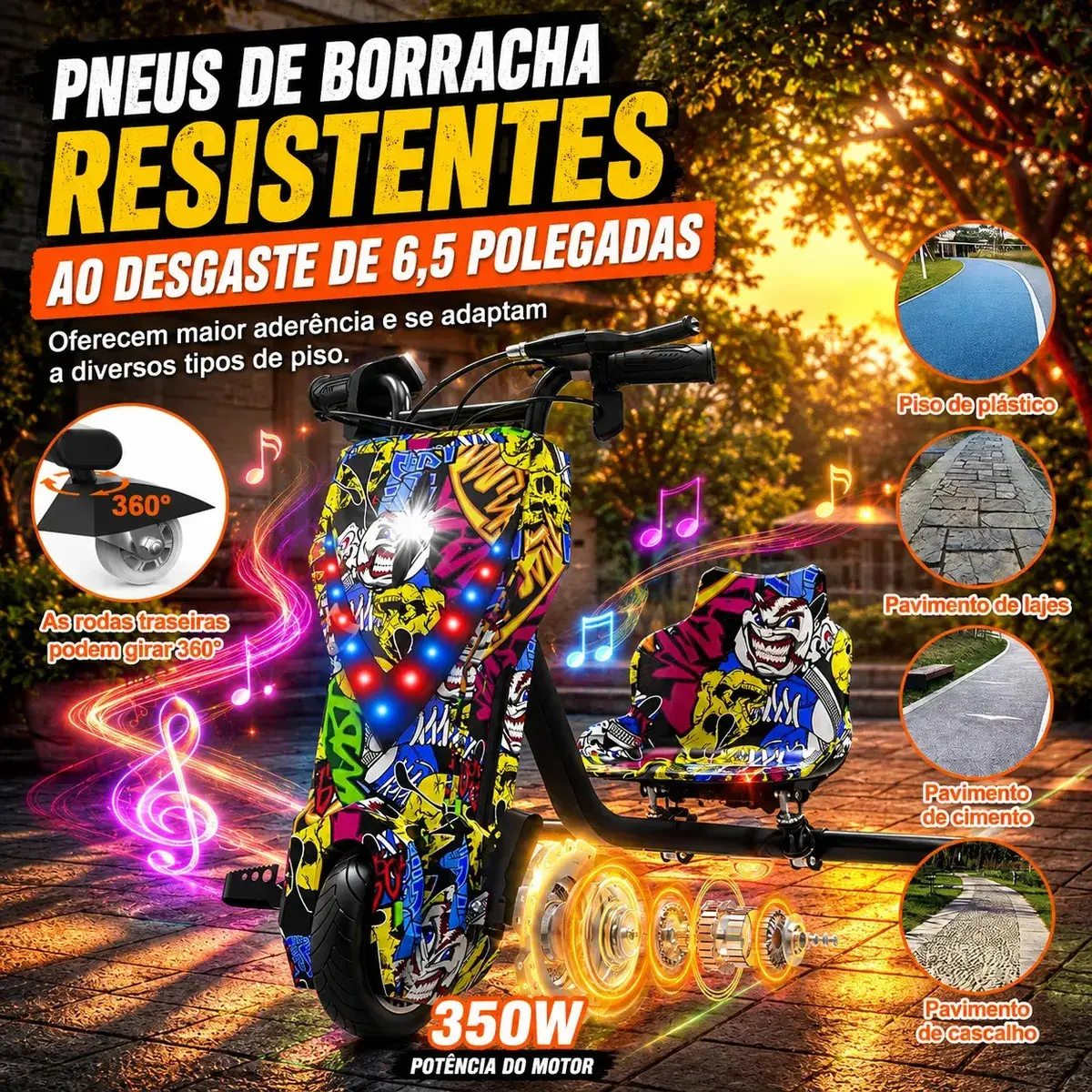 Patinete Elétrico Triciclo Drift Infantil 350W 36V Bluetooth LED 3 Velocidades Motor Brushless Luzes RGB Freio Manual Capacete Kit Proteção Bateria Lítio Ajustável Até 100kg Graffiti thumbnail 5