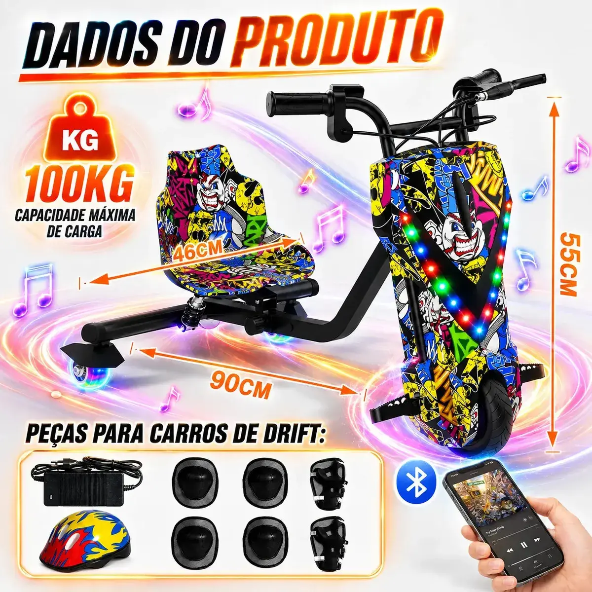Patinete Elétrico Triciclo Drift Infantil 350W 36V Bluetooth LED 3 Velocidades Motor Brushless Luzes RGB Freio Manual Capacete Kit Proteção Bateria Lítio Ajustável Até 100kg Graffiti thumbnail 6
