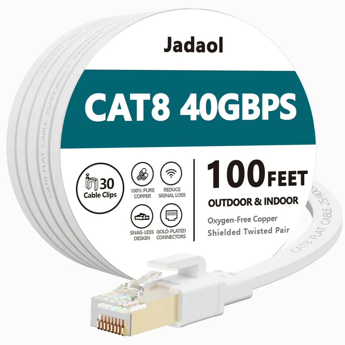 Jadaol Cabo Ethernet Cat8 100 pés, 40Gbps 2000MHz Cabo LAN Plano, Branco | Cabo de rede RJ45 de alta velocidade para roteador, modem, interruptor, consoles de jogos, PC, rede doméstica e dispositivos
