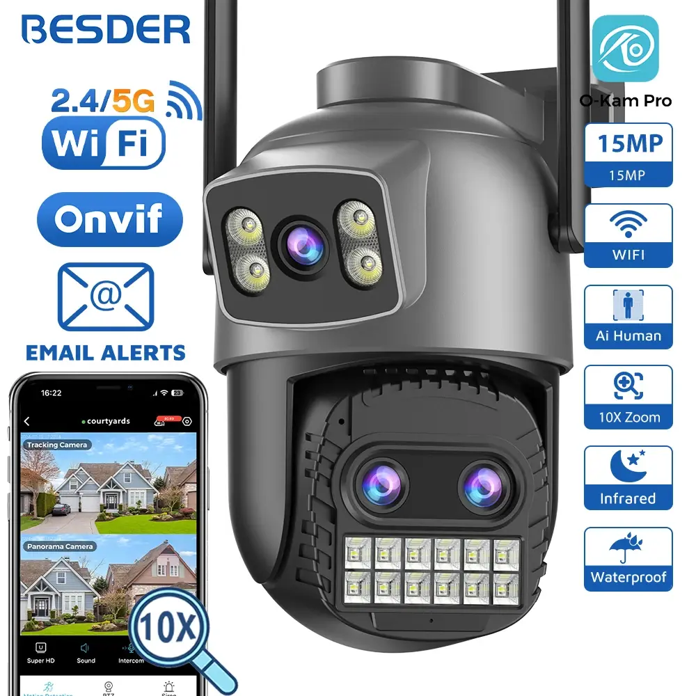 Besder 15mp wifi câmera ao ar livre tela dupla 10x zoom digital cctv câmera de vigilância de vídeo ptz 8mp câmera ip de segurança o-kam pro