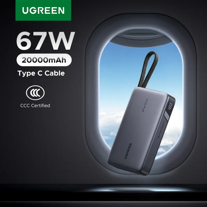 【Certificado CCC】Power Bank UGREEN 67W 20000mAh com Cabo Tipo-C Integrado, Carregador de Laptop PD 65W para Xiaomi, Bateria Externa 67W