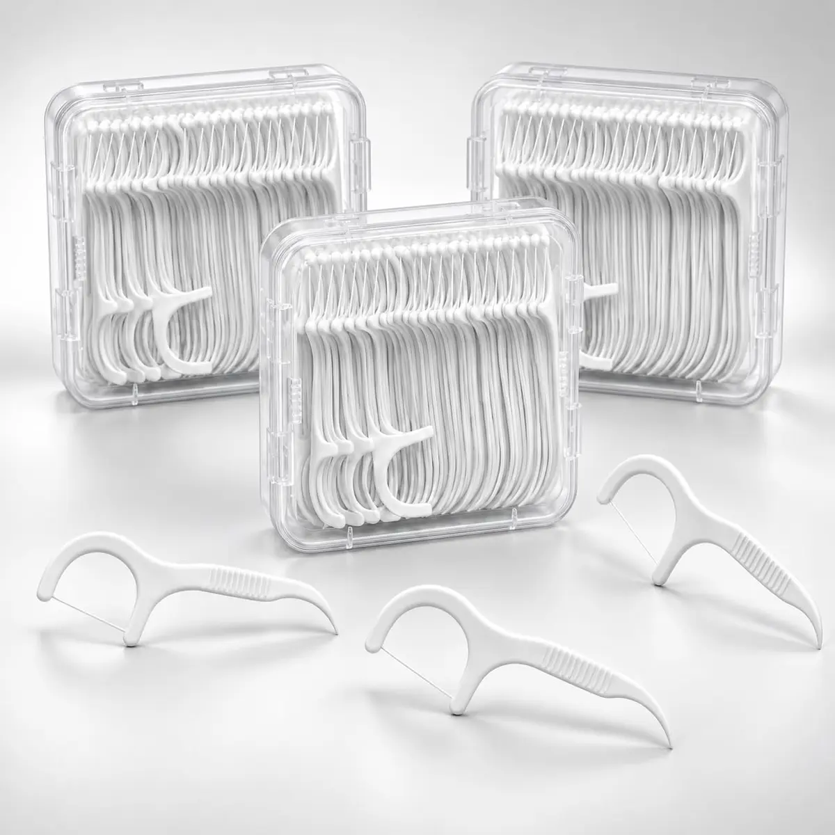 Fio Dental com Haste Flosser Kit 150 Unidades 3 Estojos com Trava | Kit com 150 hastes em 3 estojos com trava, fio resistente e cabo ergonômico para uso diário em casa ou viagem.