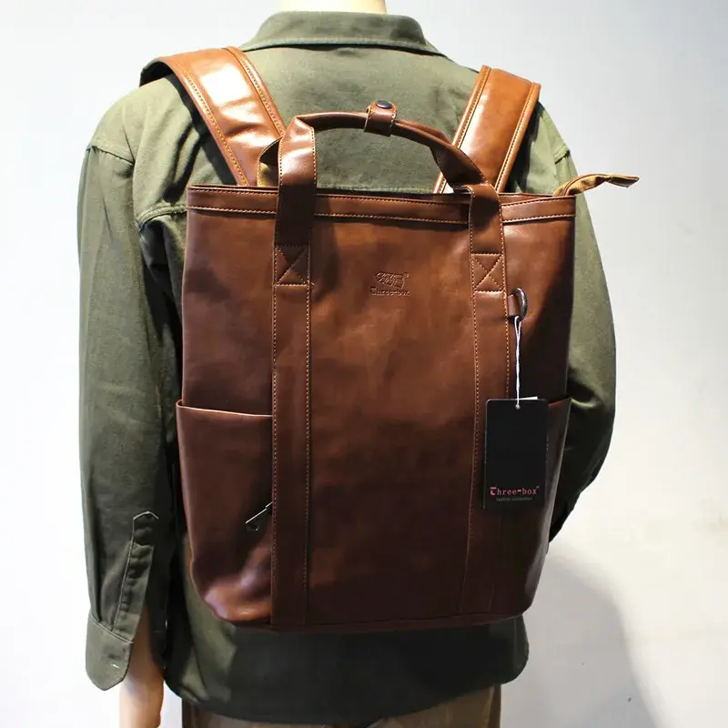Mochila Masculina Casual de Couro PU de Grande Capacidade, Bolsa Retrô Estilo Urbano, Bolsa para Notebook, Mochila Escolar Ma... - 1