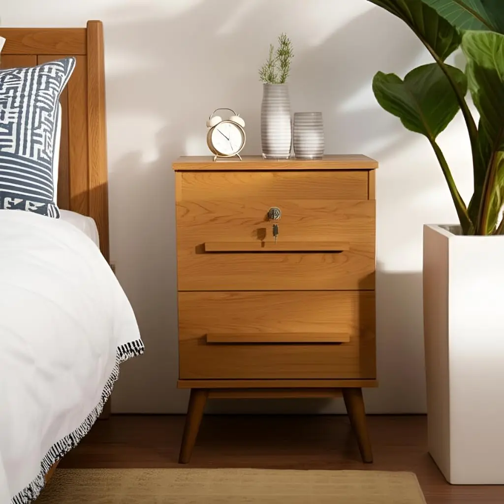 Mesa de Cabeceira com 2 Gavetas Retrô para Quarto com Chave e Pés Elevados Organizador Lateral Funcional(Canelato) - 1