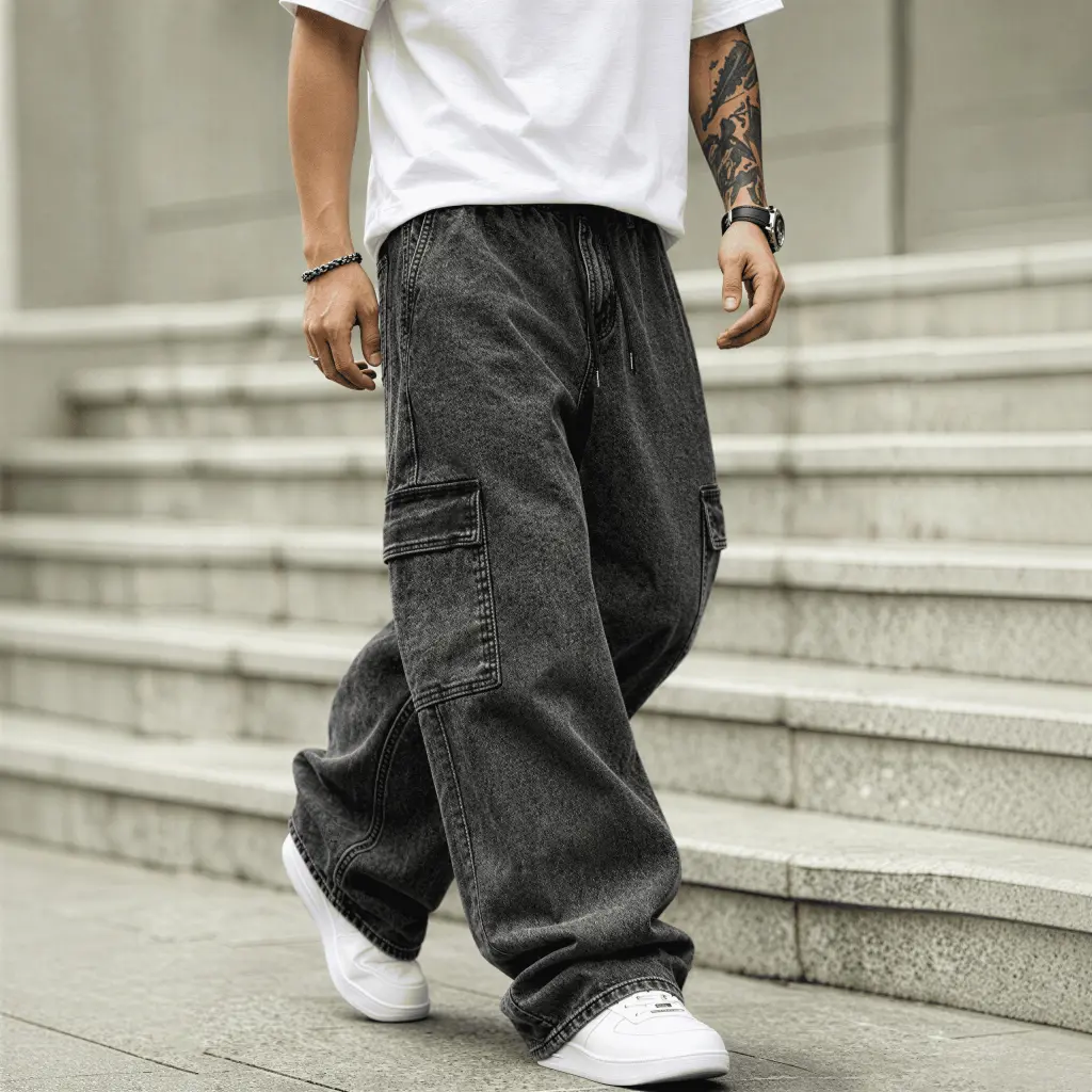 Calça Cargo Unissex Larga Baggy Wide Leg Streetwear Skate Hip Hop Oversized Casual Cordão Ajustável Bolsos Cargo Moda - 1
