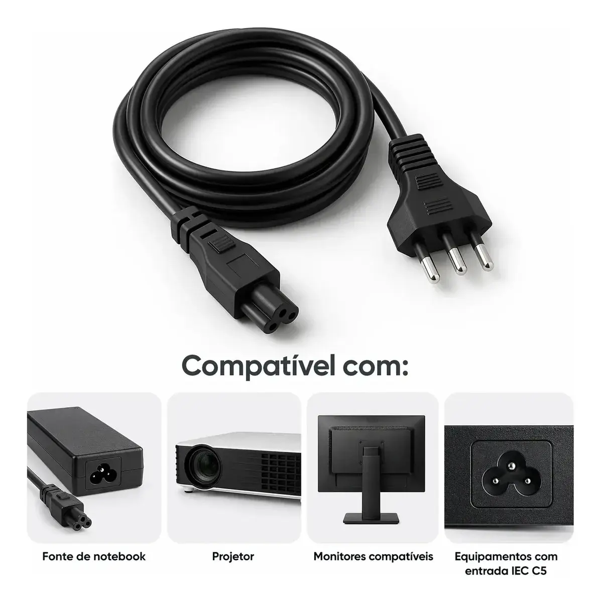 Cabo De Força Energia Tripolar Iec C5 Tipo Mickey Para Monitor Pc Impressora 1,5m Padrão Brasil Bivolt 110v 220v Para Computador Reforçado Alta Durabilidade Fonte Tv Nobreak Projetor Eletric Teck