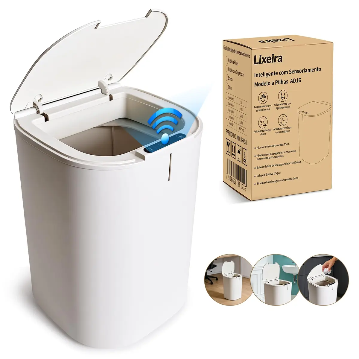 Lixeira inteligente de 16 litros com sensor automático, ideal para banheiros, cozinhas e escritórios (Versão com bateria)