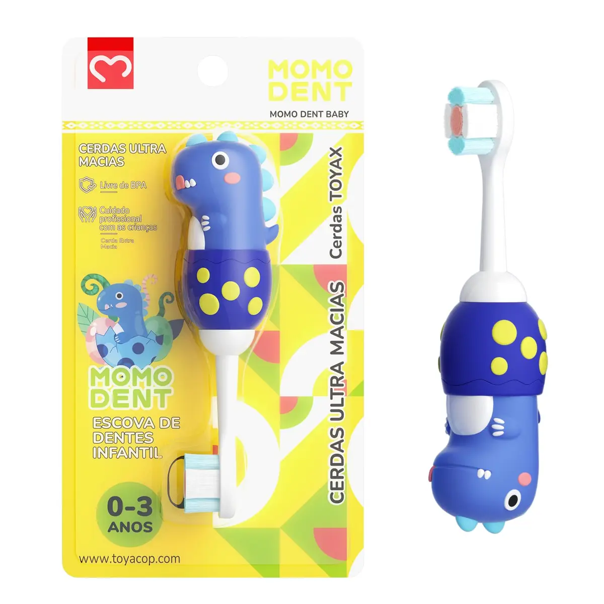 MOMODENT Escova de Dentes Infantil para 0-3 Anos, Bebê, Dinossauro, Cabo de Silicone Macio, Cabeça Macia, Limpeza Suave, 1 Unidade