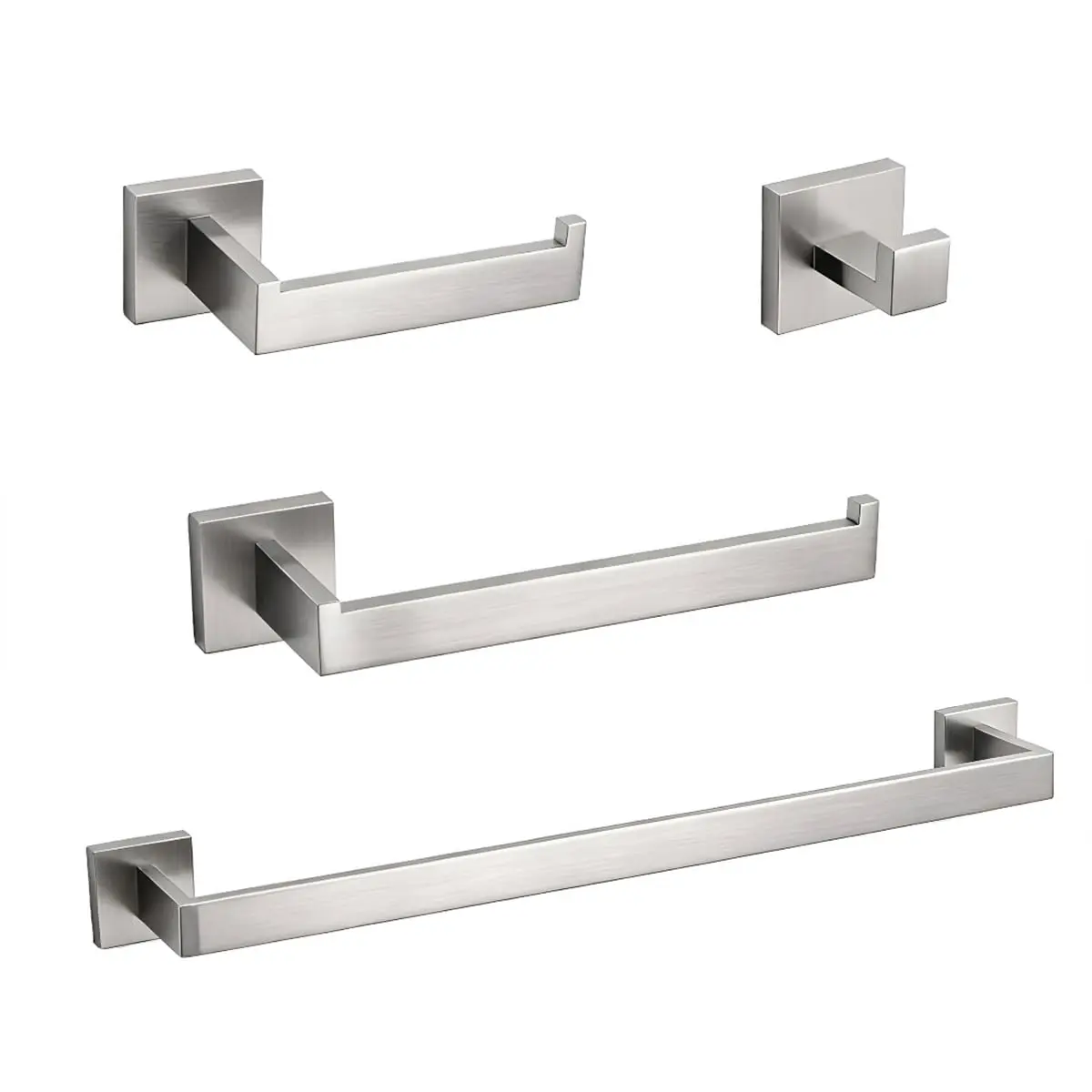 Kit Acessórios para Banheiro Inox Escovado 4 Peças Andarix | Toalheiro de 56 cm, Porta Papel Higiênico, Porta Toalha de Rosto, Gancho de Roupão, Furos de Montagem Ocultos