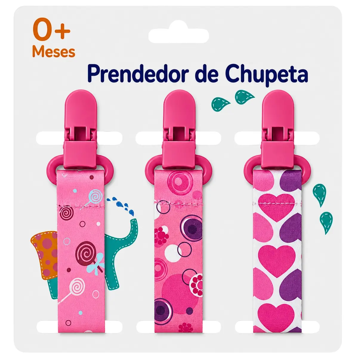 Kit 3 UN. Prendedor de Chupeta Menina - Pirulito e Coração | Cores Vibrantes e Estampas Fofas - Clip Forte Alto Padrão de Qualidade - CodaTech