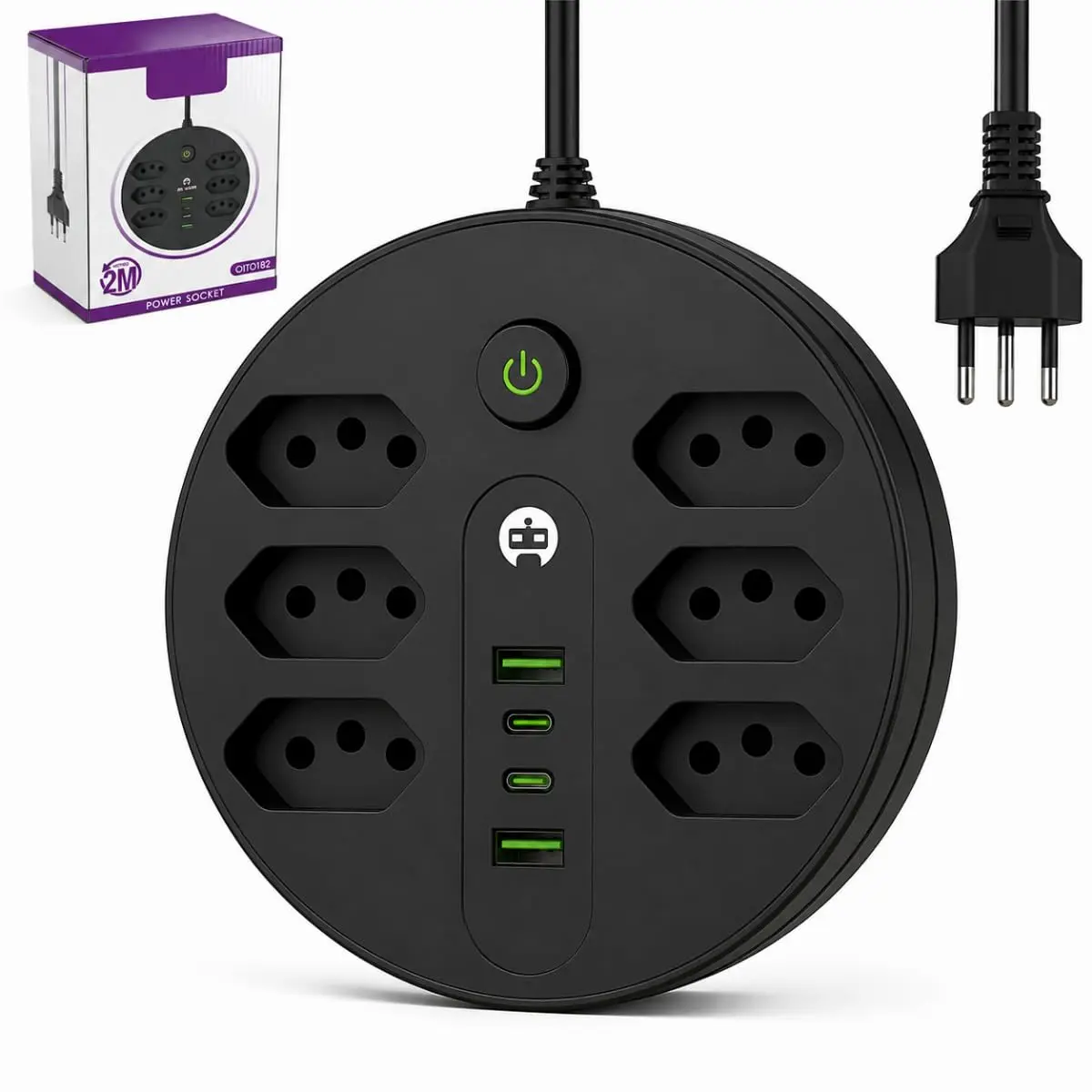 Régua de Energia 6 Tomadas 2 USB 2 USB-C Extensão Elétrica 2 Metros - 1