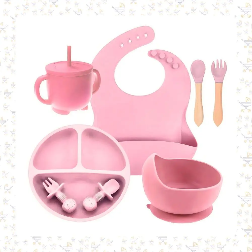 Kit Introdução Alimentar Bebe 8 Peças Antiderrapante BPA Free Prato Dividido Talheres Copo e Babador Infantil Seguro Resistente e Fácil de Limpar (Rosa) - 1