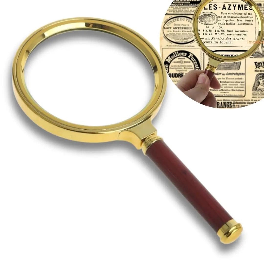 Lupa Vintage Lente de Aumento 90mm Retrô com Cabo Marrom e Aro Dourado, Ampliação 10x, Ideal para Leitura e Visualização Detalhada, 17.5cm de Comprimento - 1