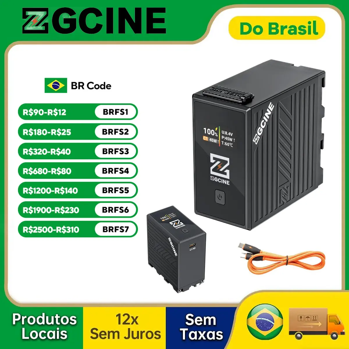 【Do Brasil】Bateria ZGCINE NP-F970 9600mAh PD 36W D-TAP USB-C OLED para Câmera Monitor Sony FX3 FX30 A7IV A7SIII Canon R5 R6