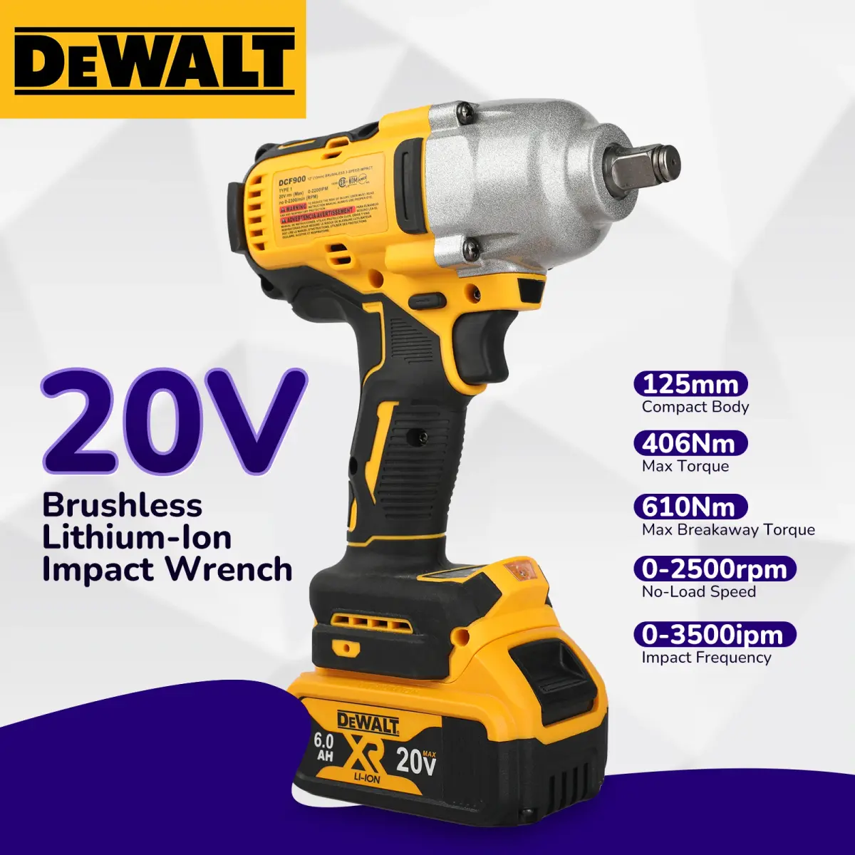 DeWalt DCF900 Alto Torque Brushless 20V Chave de impacto elétrica alimentada elétrica durável para ferramenta profissional nua