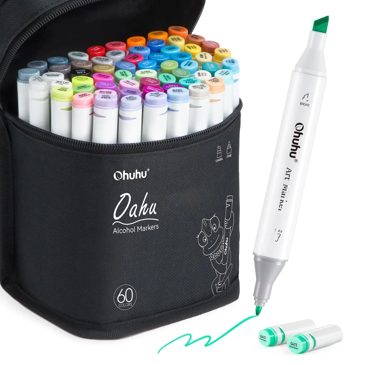 Ohuhu Canetas Marcadores de Álcool 60 Cores Dupla Ponta Cinzel e Fina | Certificado AP, recarregável, dupla ponta cinzel e fina. Ideal para artistas e adultos colorirem - Oahu