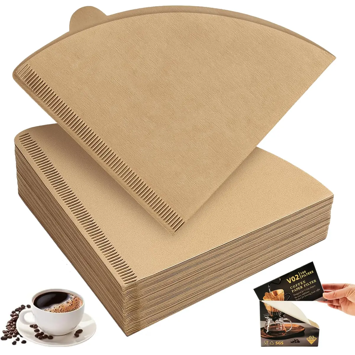 Filtro de Papel para Coador de Café V60, Tamanho 02, Filtro para V60 02, Filtro Cafe 2-4 Xícaras para Cafeteira de Coar e Gotejamento (100, Natural)