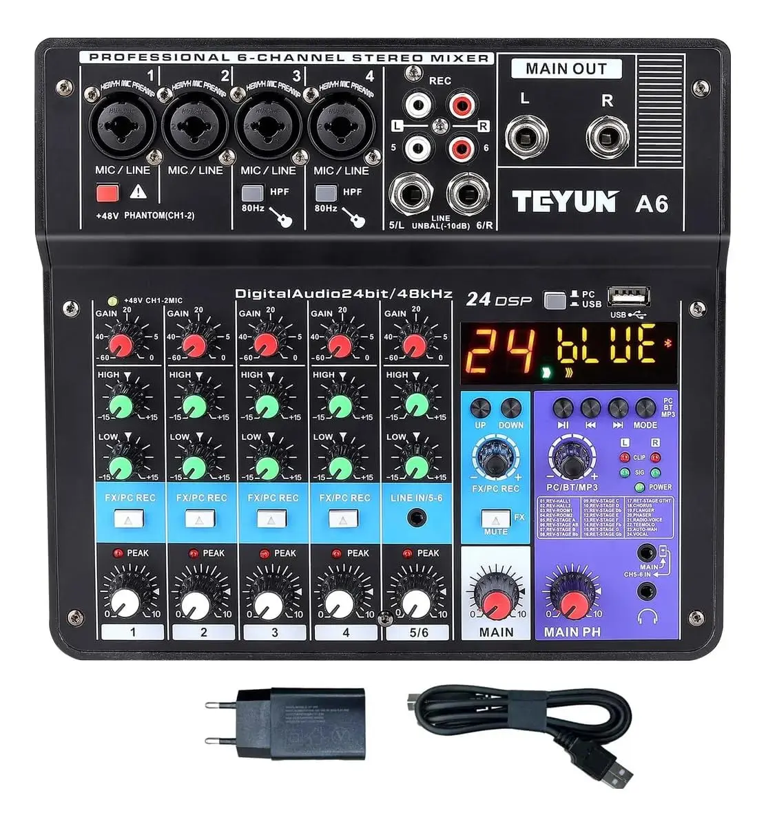 A6 Mesa De Som 6 canais，mixer de placa de som de 6/5/4/3 canais com Bluetooth, entrada USB para PC e alimentação fantasma de 48V para música, podcasting e produção Melhor que teyun A4 NA4 A3