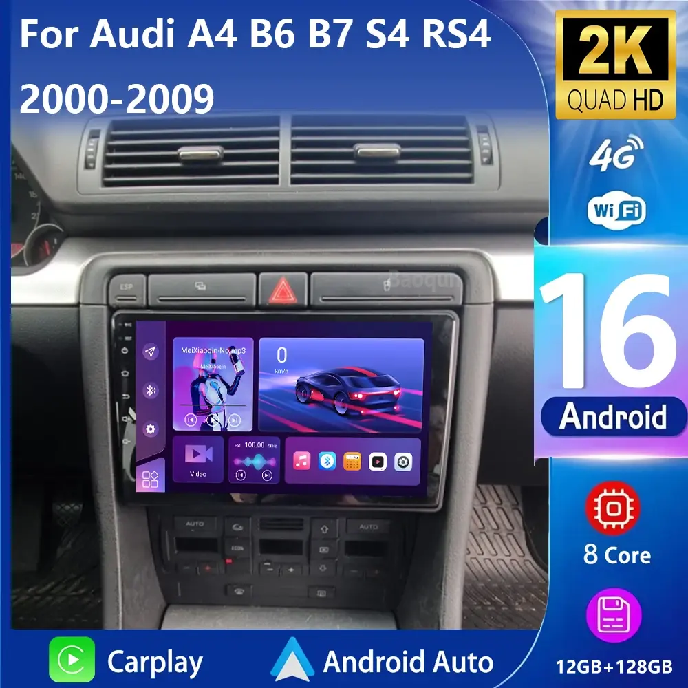 Android 16 carplay android auto 2k tela rádio do carro reprodutor multimídia para audi a4 2 3 b6 b7 s4 rs4 2000-2009 rádio automático estéreo - 1
