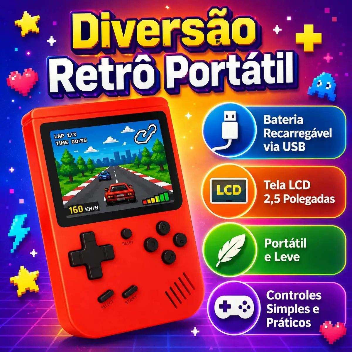 Video Game Retro Portátil com Tela Colorida e Cabo AV para TV