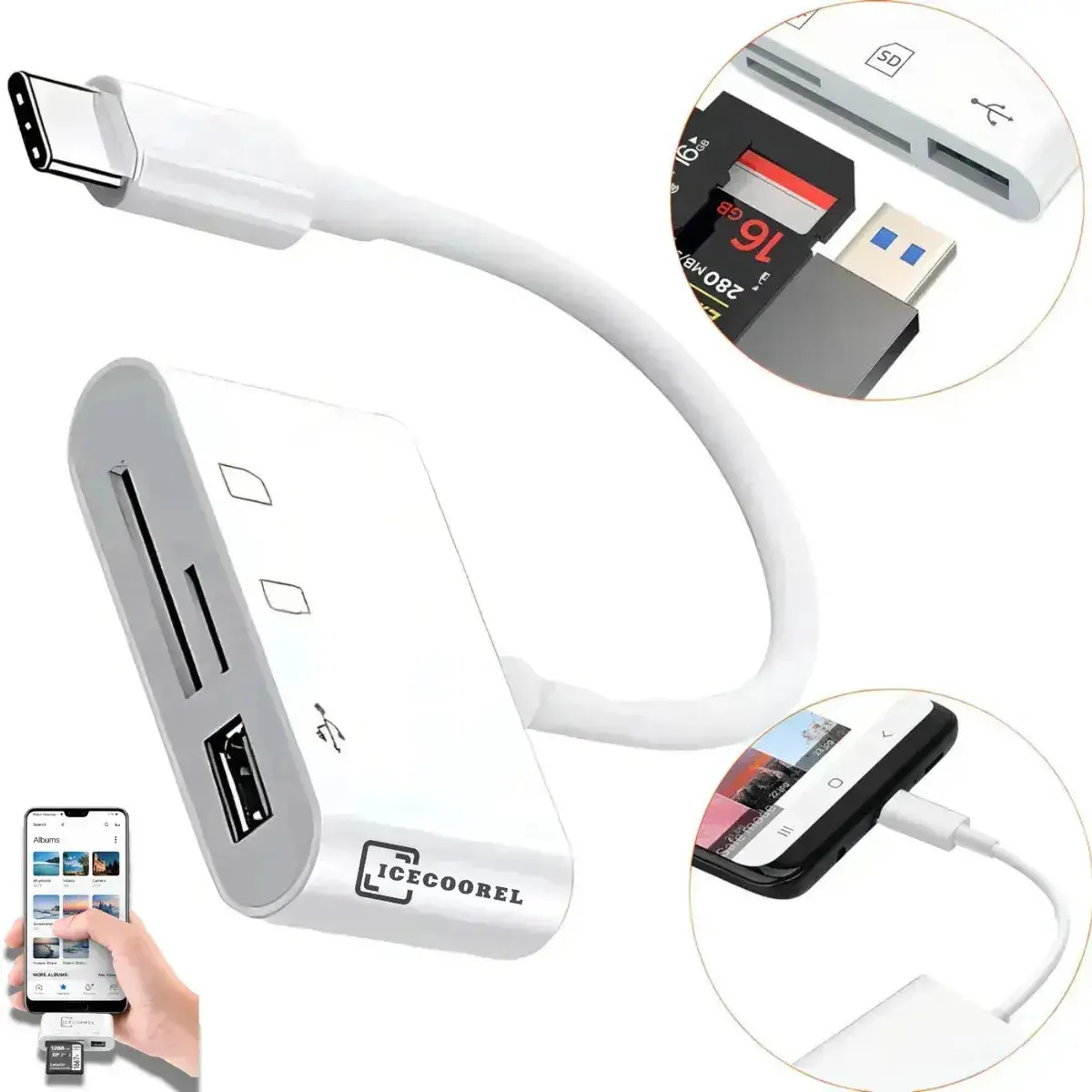 Adaptador Usb Tipo C Leitor De Cartão De Memória 3 Em 1 Usb 3.0 Sd Micro Sd Otg Compatível Com iPhone 15 16 17 Android Samsung Notebook Macbook Velocidade Rápida De Fotos Vídeos Branco Ice Coorel Ic10 - 1